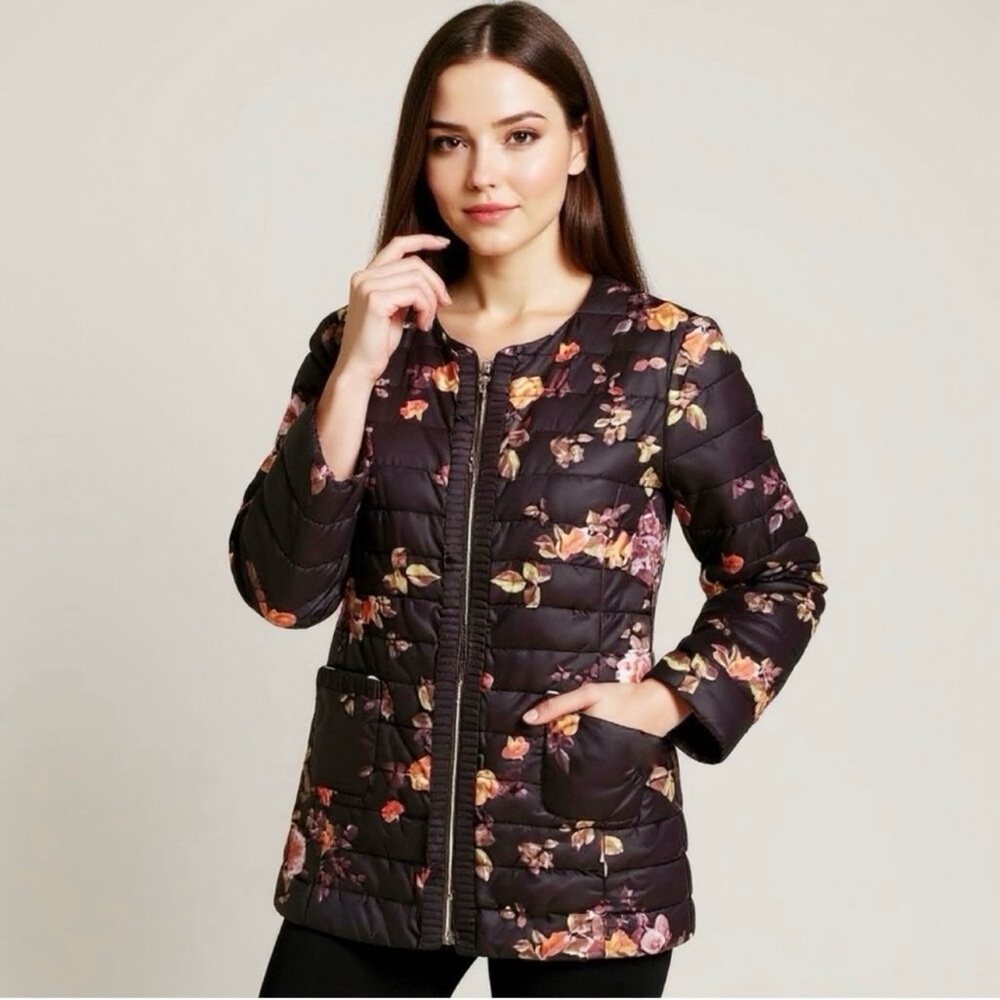 Patty Kim Floral Art to Wear Quilted Black Puffer Jacket Size Small